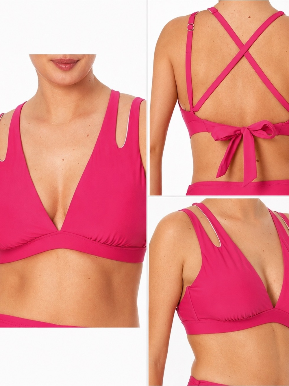 Hot Pink Plunge Bikini Top Cutout Straps Crisscross Tie Back Lined Large 12-14